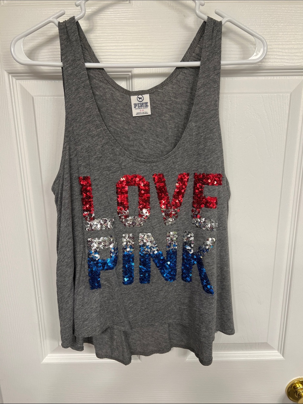 PINK Victoria's Secret Gray Tank with Red, Silver & Blue Sequin 'LOVE PINK'